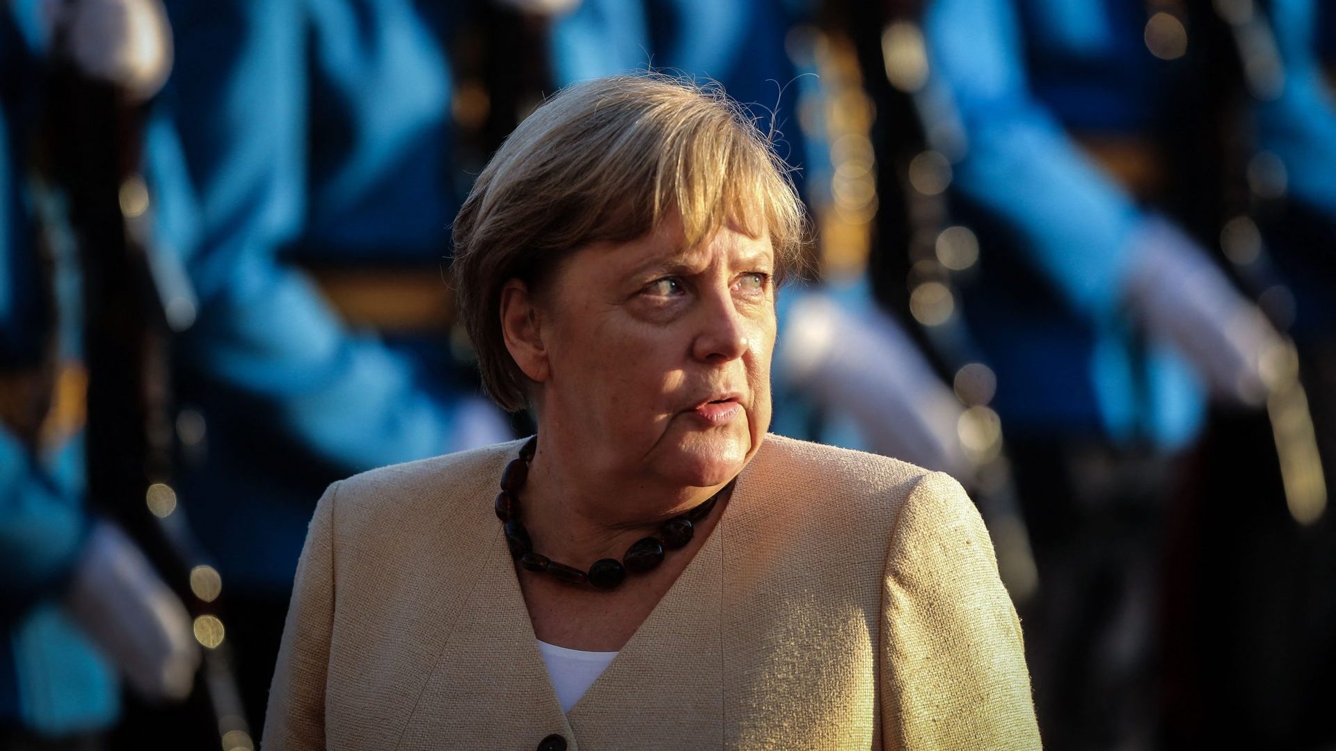 Merkel inspects a military guard of honour in Belgrade, Serbia, this month – on one of her final duties before the election. Photo: OLIVER BUNIC/AFP via Getty Images