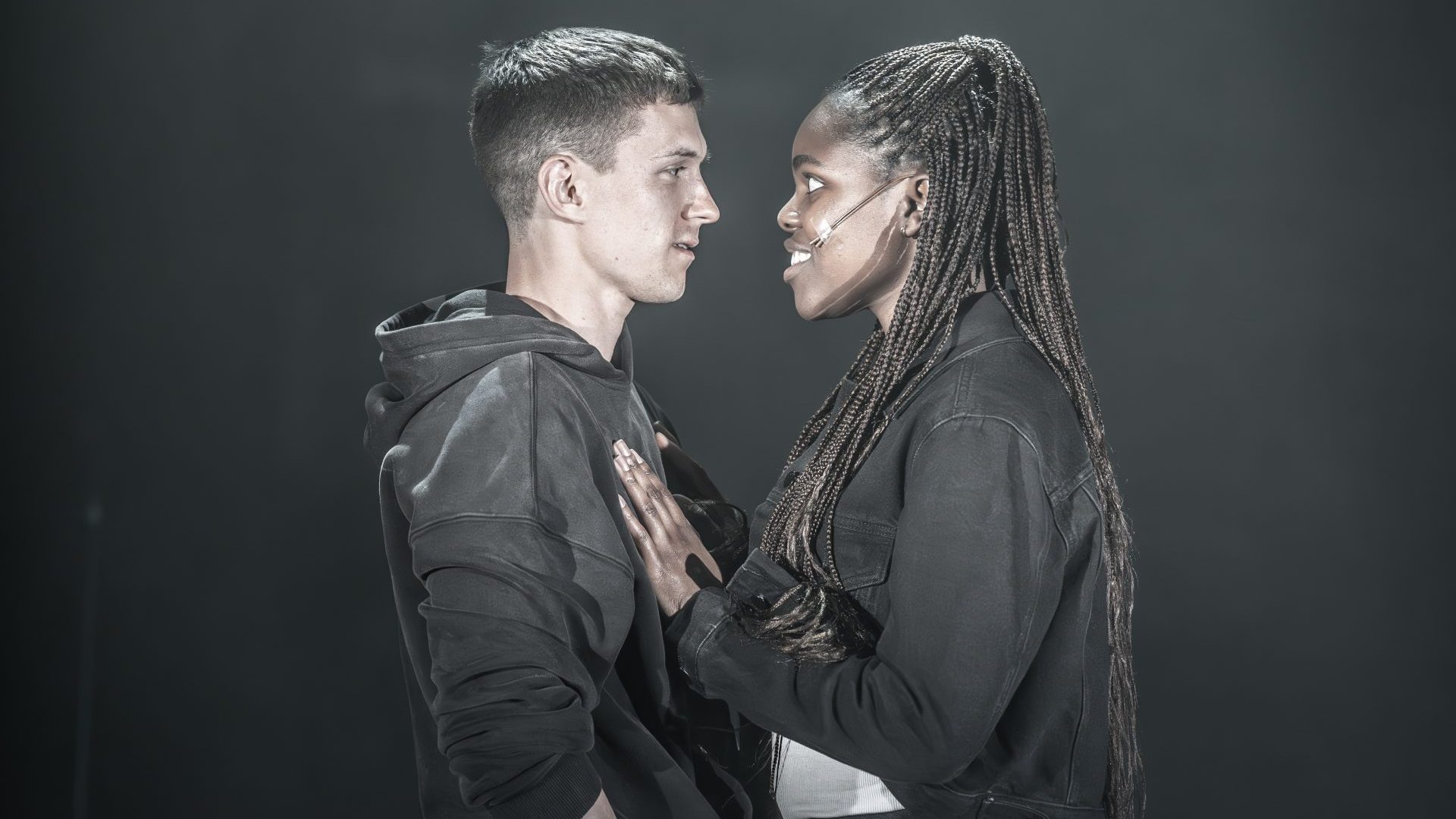 Tom Holland as Romeo and Francesca Amewudah-Rivers as Juliet. Picture: Marc Brenner