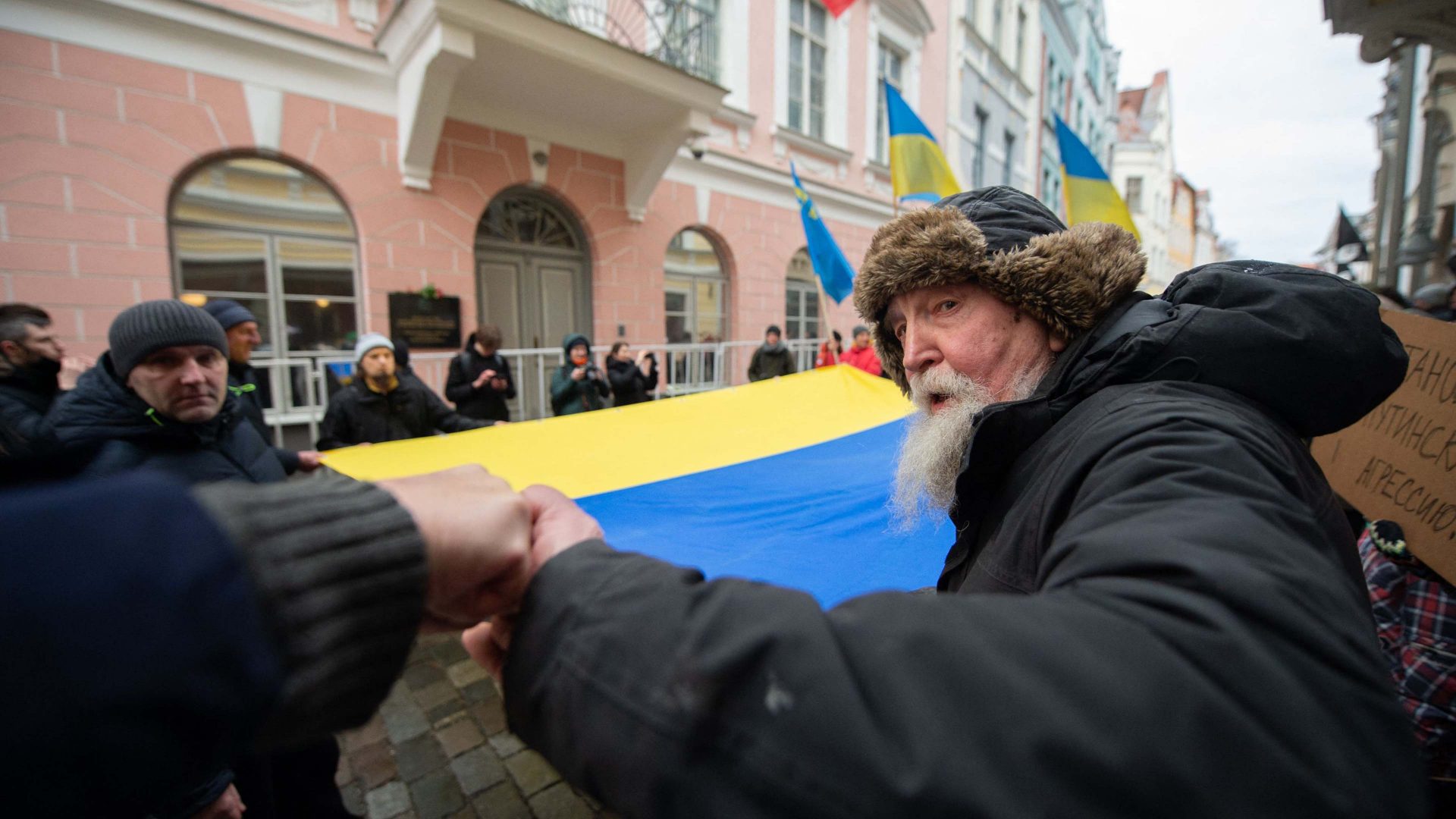 Demonstrators protest against Russia’s invasion of Ukraine on February 24, 2022 in front of the Russian Embassy in Tallinn, Estonia. Photo: Raigo Pajula/AFP/Getty