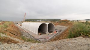 Workers build the first ‘green tunnel’ in the UK at Chipping Warden, near Banbury; the 1.5-mile tunnel is designed to blend the controversial high-speed railway into the landscape. Photo: Mark Case/Getty