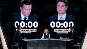 Jordan Bardella of RN and France’s prime minister, Gabriel Attal, take part in a TV debate hosted by French journalist Caroline Roux. Photo: Thomas Samson/AFP/Getty