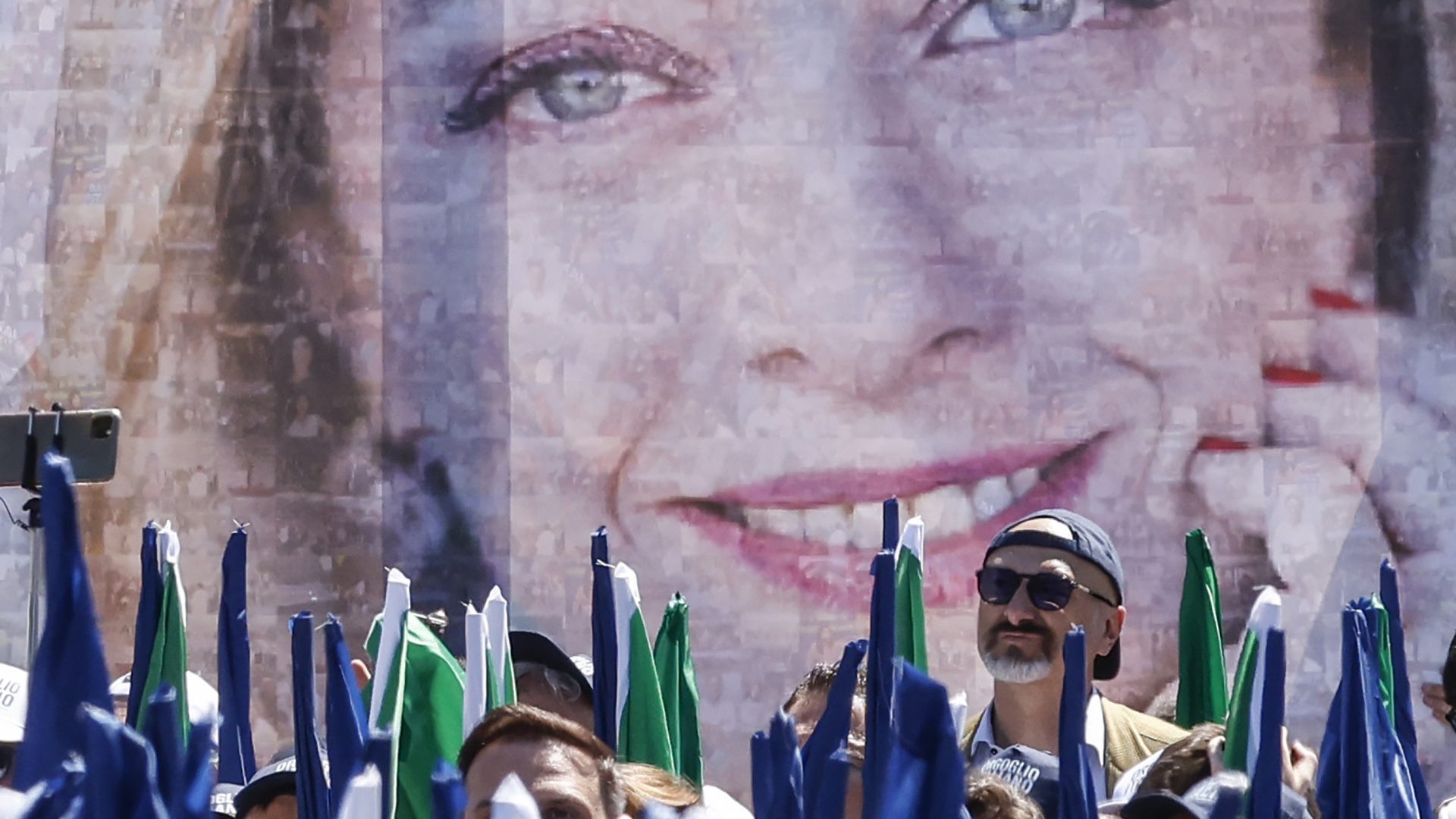 Fratelli d’Italia party supporters attend a gathering in Rome ahead of the European elections. Photo: Riccardo De Luca/Anadolu/Getty