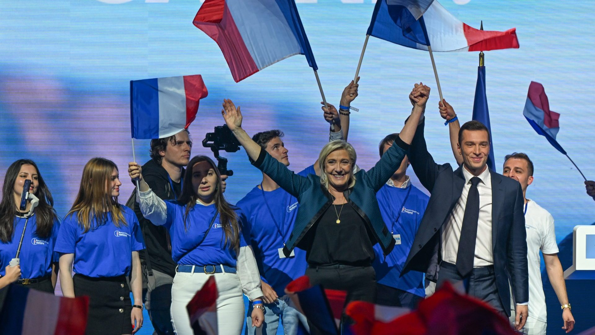 Marine Le Pen, President of the National Rally group in the National Assembly, joins Jordan Bardella, President of the National Rally (Rassemblement National), at the final rally before the upcoming European Parliament election. Photo: Artur Widak/NurPhoto via Getty Images