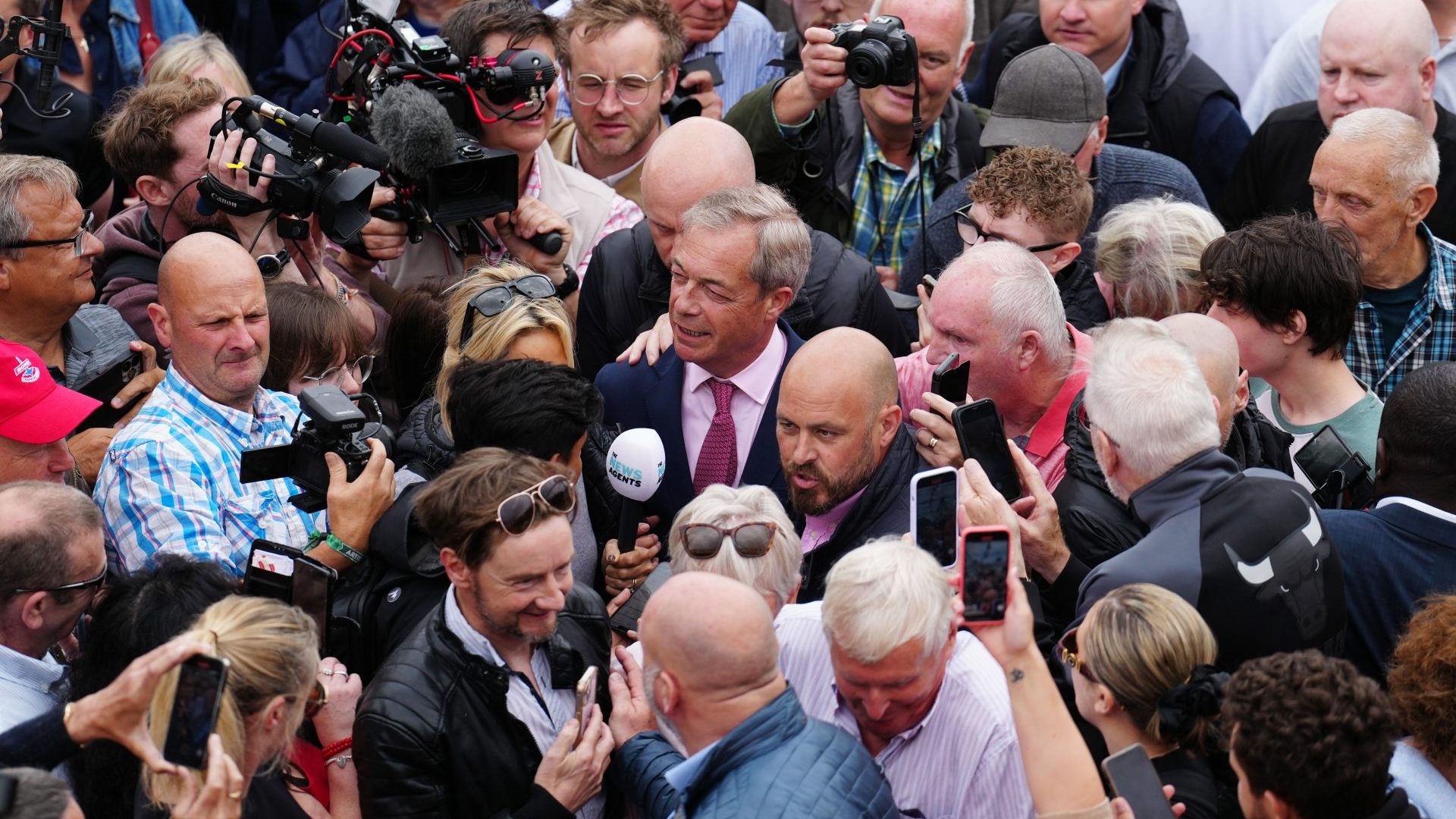 Nigel Farage greets supporters as he launches his election candidacy at Clacton Pier (Photo by Carl Court/Getty Images)