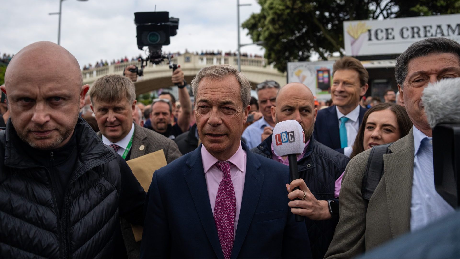 Nigel Farage walks to speak to supporters as he launches his election candidacy at Clacton Pier (Photo by Carl Court/Getty Images)