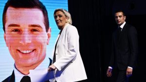 French far-right Rassemblement National leader Marine Le Pen arrives to address party members after Emmanuel Macron called a snap election on June 30. Photo: Julien de Rosa/AFP/Getty