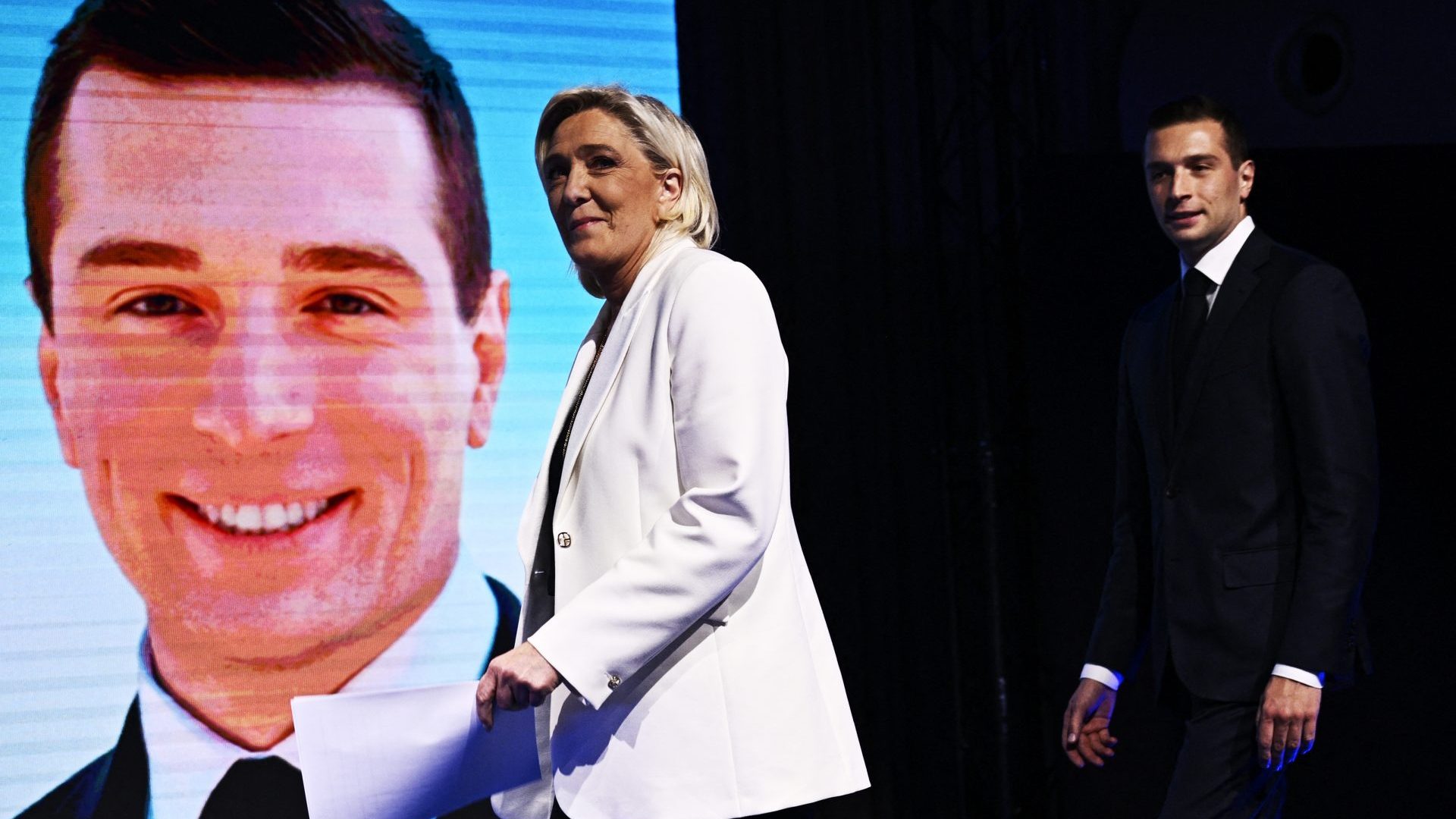 French far-right Rassemblement National leader Marine Le Pen arrives to address party members after Emmanuel Macron called a snap election on June 30. Photo: Julien de Rosa/AFP/Getty
