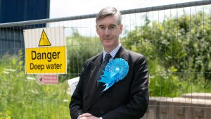 A portentous message for Jacob Rees-Mogg as he campaigns outside the now derelict Queen Charlton Quarry in Keynsham. Photo: Fergus Coyle/Alamy