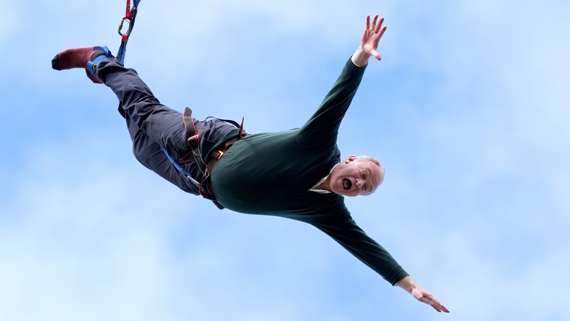 In one of his pre-election stunts, Lib Dem leader Ed Davey performs a bungee jump during a visit to Eastbourne Borough Football Club in East Sussex. Photo: Gareth Fuller/PA Wire/PA Images