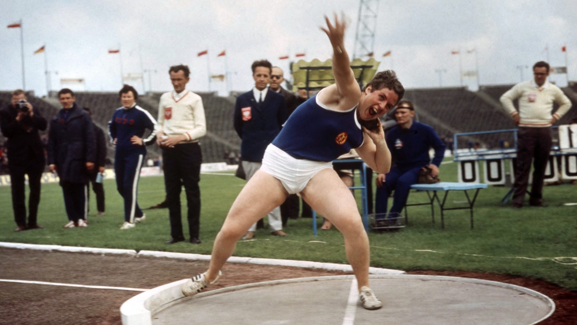 Margitta Gummel competes in the shot put for the GDR at an international competition in Katowice, Poland, July 1969. Photo: Werner Schulze/Getty