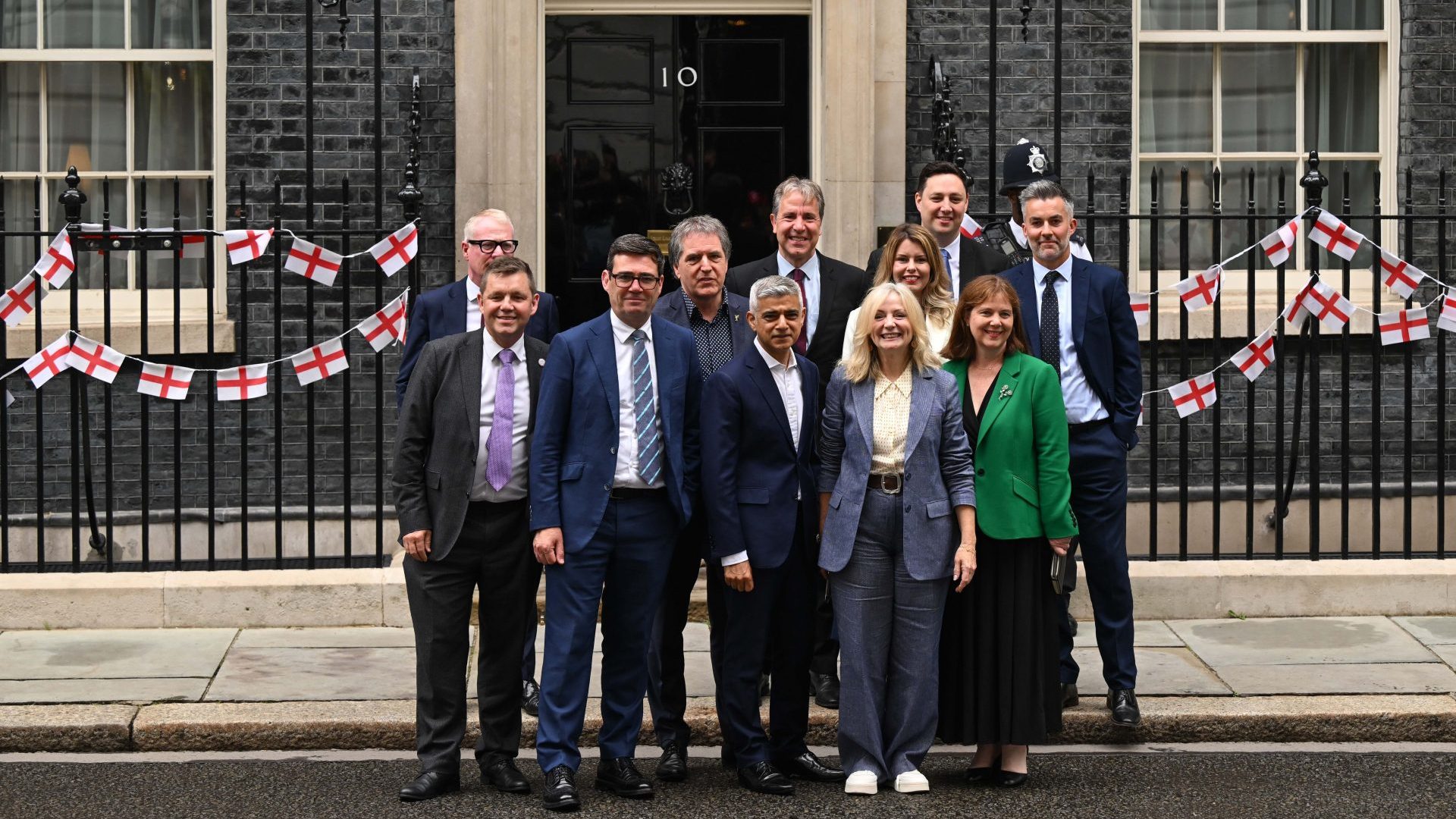 Eleven mayors pose for a photo in front of No 10 after attending Labour’s first weekly cabinet meeting. Photos: Rasid Necati  Aslim/Anadolu/Getty