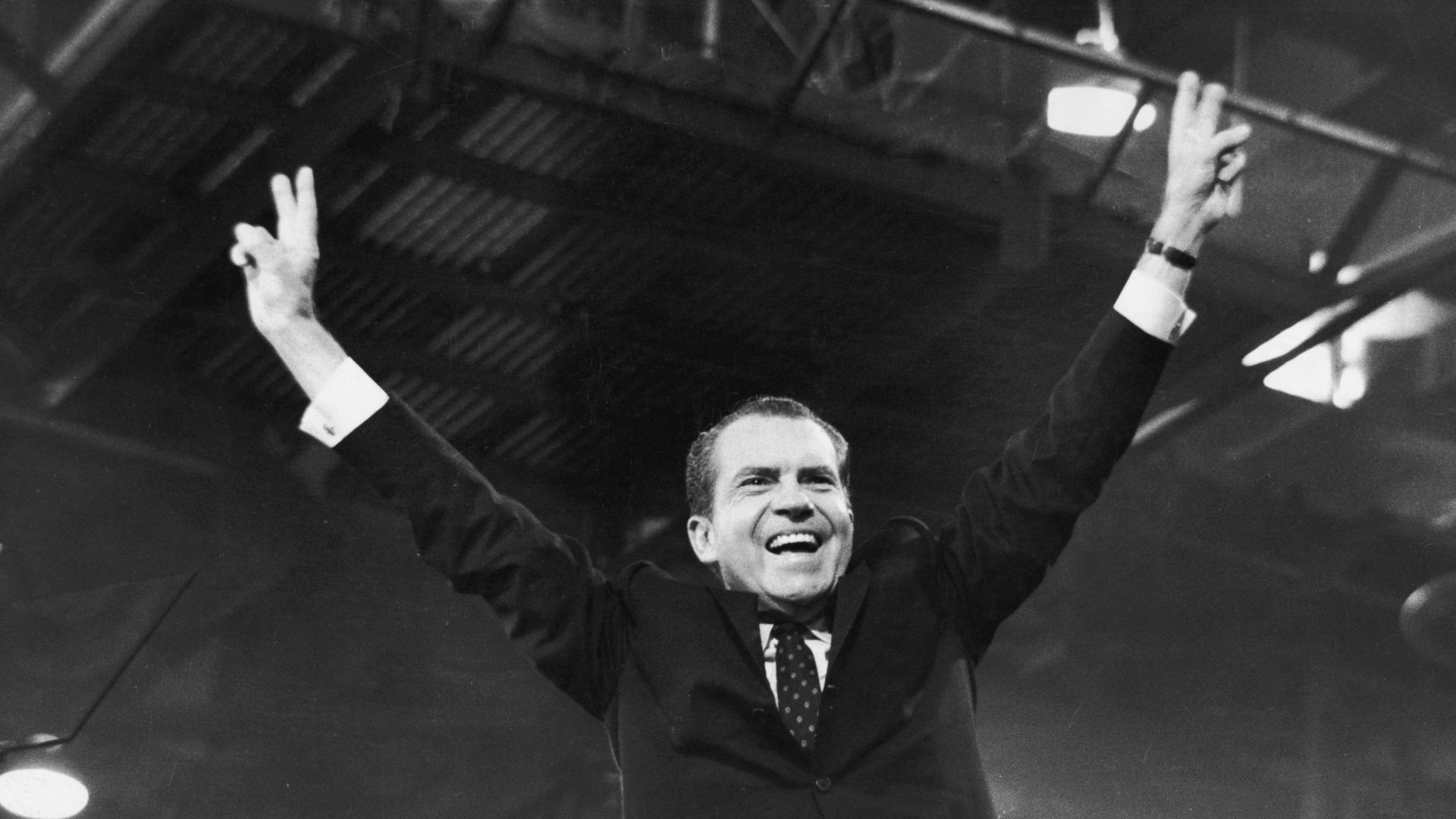 Richard Nixon (1913-1994) gives the 'V' for victory sign after receiving the presidential nomination at the Republican National Convention, Miami, Florida. Photo: Washington Bureau/Getty Images
