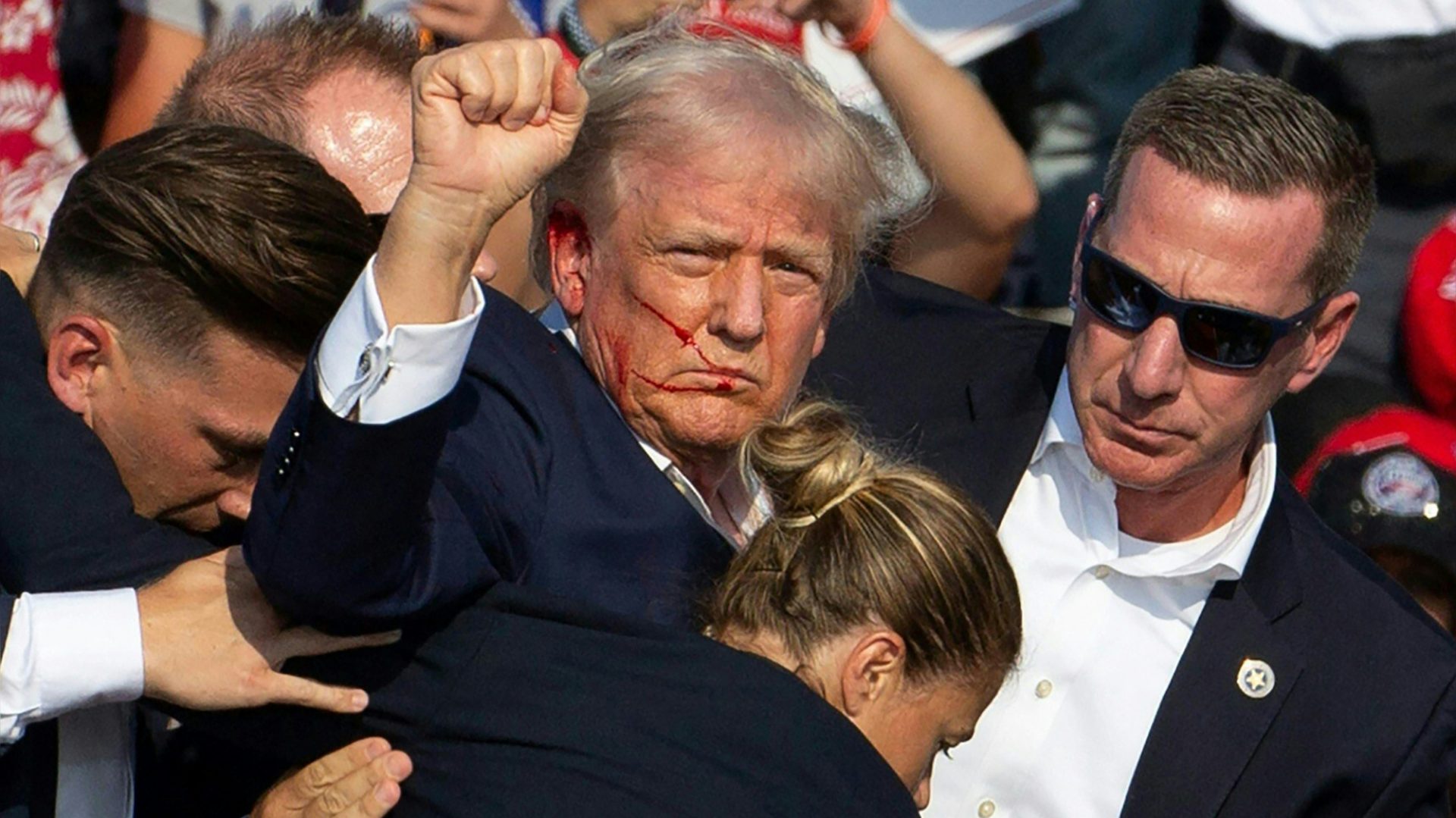 A bloodied Donald Trump in the seconds after he was shot at a rally in Butler, Pennsylvania, on Saturday, July 13. Photo: Rebecca Droke/AFP/Getty