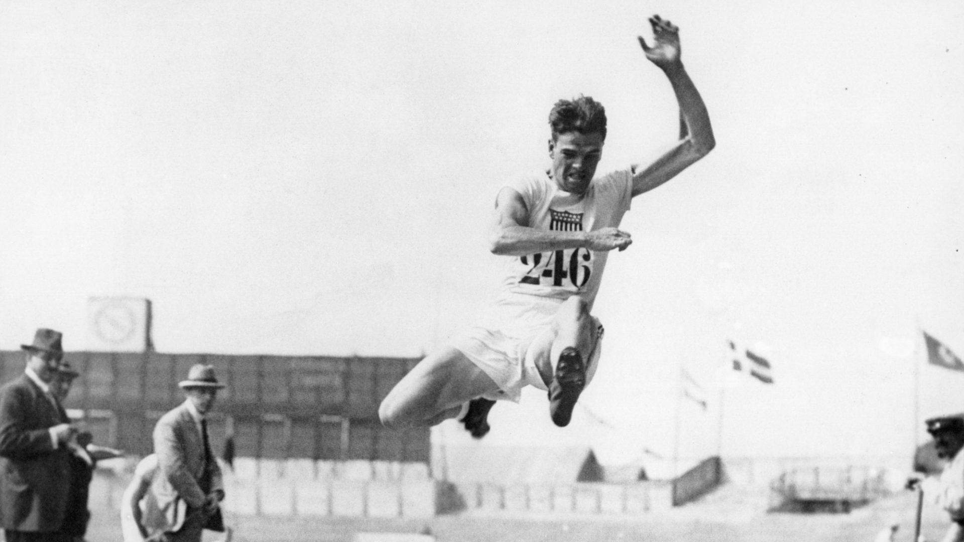 American pentathlete Robert LeGendre makes a world record long jump of 7.76 metres at the 1924 Paris Olympics. Photo: Bettmann Archive/Getty