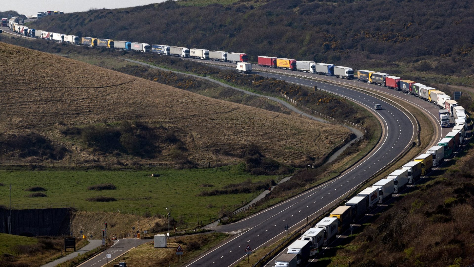 Long queues of lorries make their way to the Port of Dover, March 2022. New border controls are set to cause long delays for all travellers. Photo: Dan Kitwood/Getty