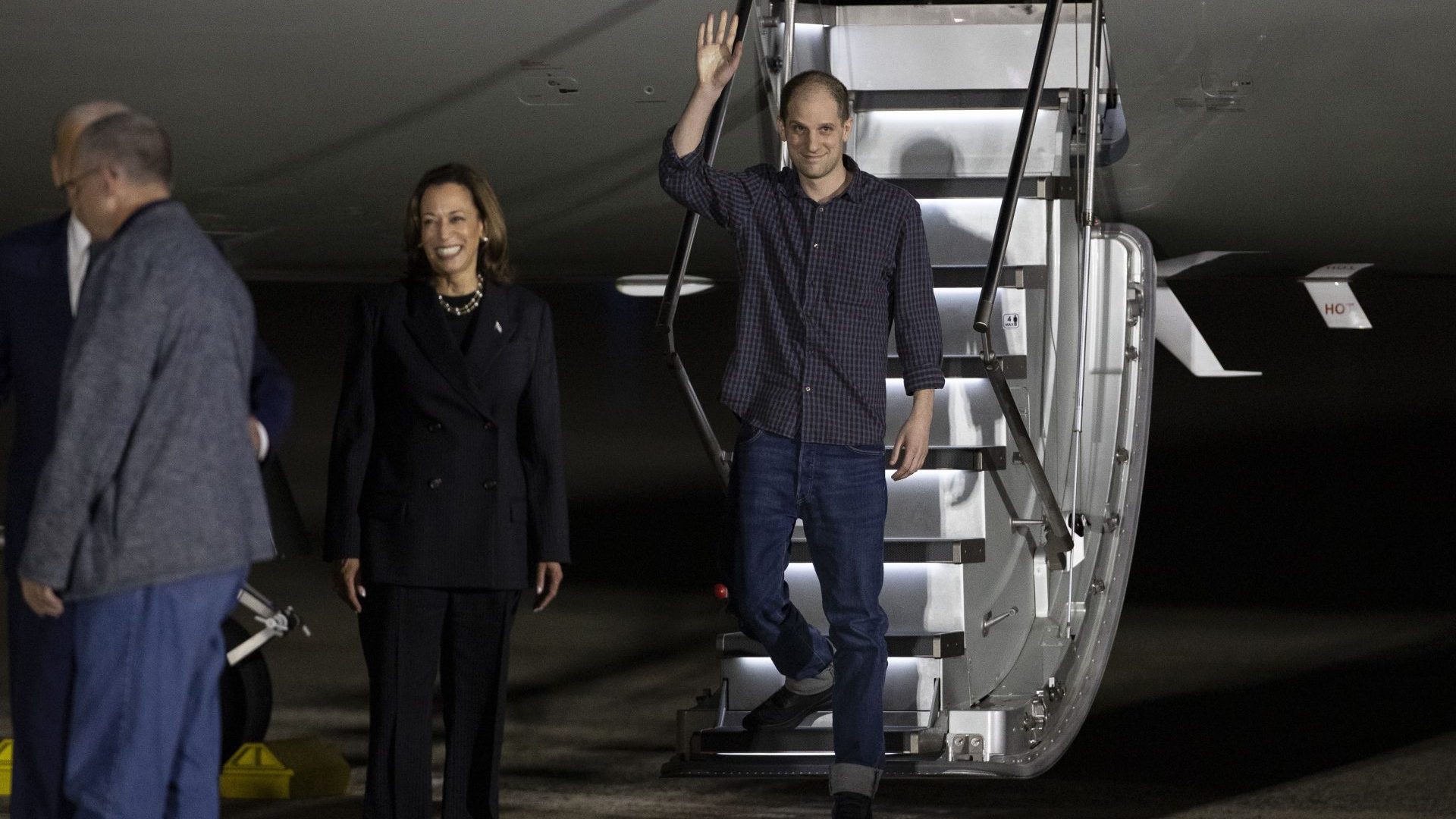 Evan Gershkovich is seen as he has returned to country after Turkiye's National Intelligence Organization (MIT) led a successful prisoner exchange. Photo: Mostafa Bassim/Anadolu via Getty Images