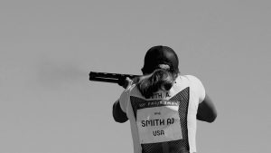 Austen Jewell Smith of the USA competes during the Shotgun Range Skeet Mixed Qualification at the Paris Olympics (Photo by Charles McQuillan/Getty Images)