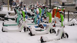 E-bikes under a covering of snow in Ixelles, Brussels. As sales of the battery-powered vehicles have shot up in the city, so have thefts. Photo: Thierry Monasse/Getty