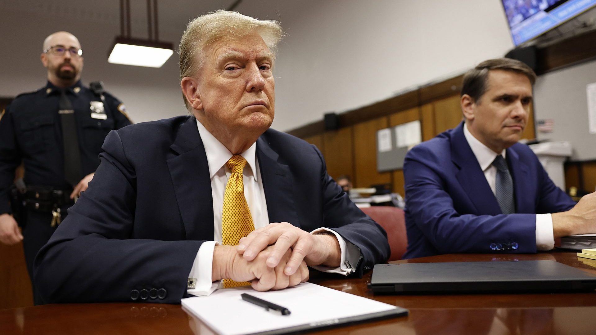 Donald Trump sits in the courtroom at Manhattan Criminal Court with attorney Todd Blanche on May 21. Photo: Michael M Santiago/Getty