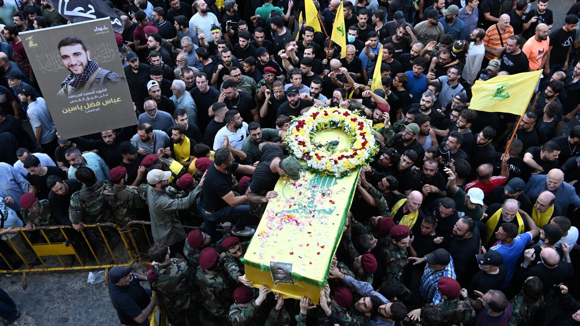 Funeral ceremony held for 4 people who were killed in Lebanon when pagers used by Hezbollah members were detonated. Photo: Houssam Shbaro/Anadolu via Getty Images 