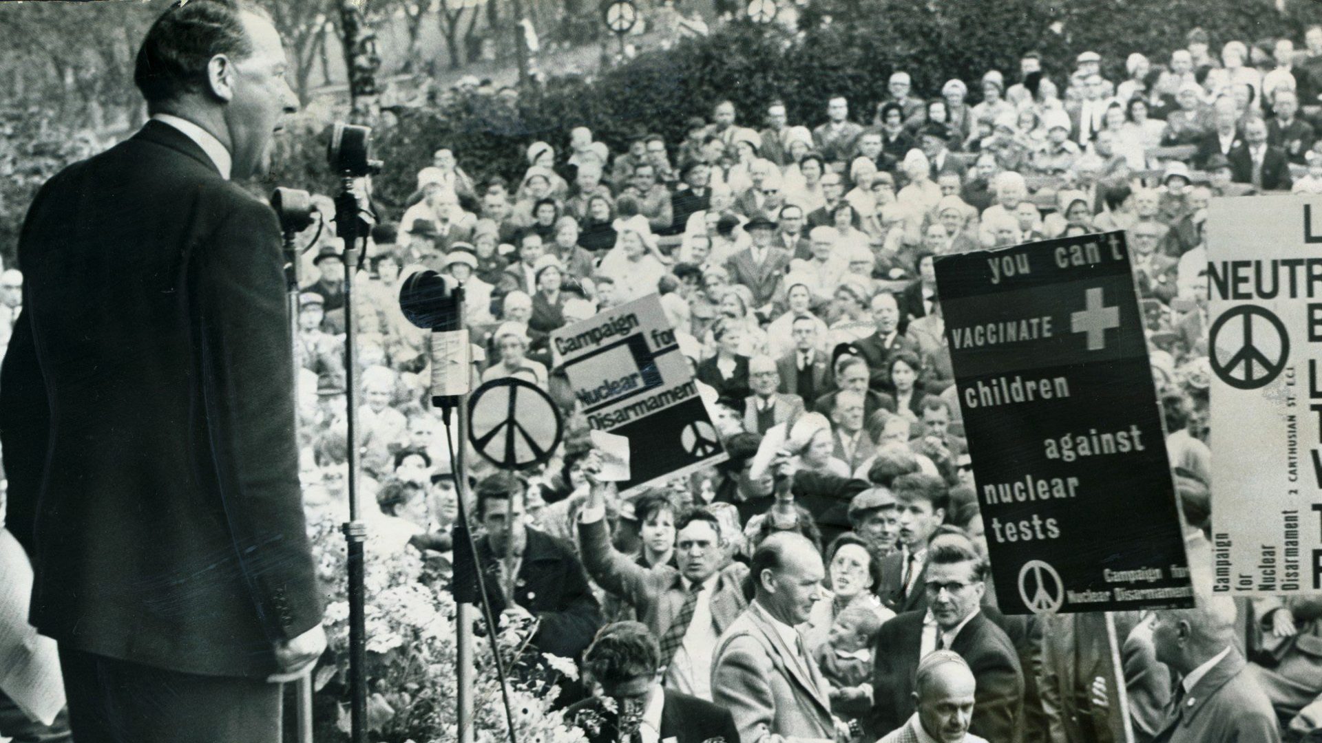 Labour party Leader Hugh Gaitskell speaking at a CND Anti nuclear demonstration in Glasgow. Photo: Mirrorpix/Mirrorpix via Getty Images