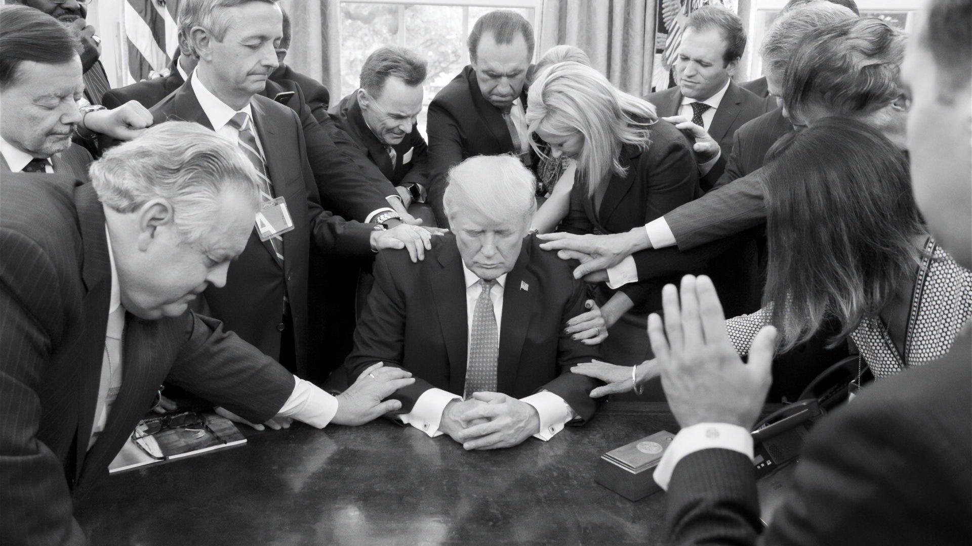 Evangelical leaders pray over Trump in the Oval Office in 2017. Photo: Joyce Boghosian/Official White House Photos