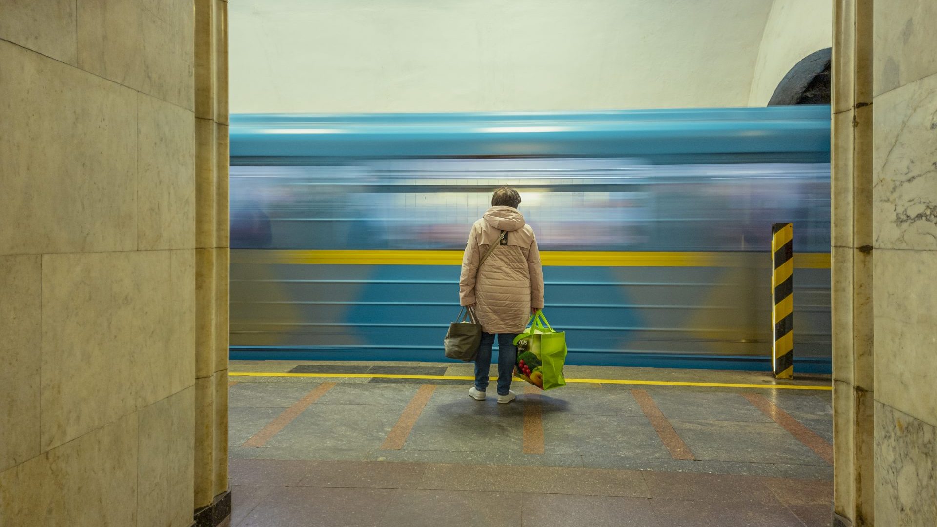 A passenger waits for a train at Arsenalna station on the Kyiv Metro, as life in the city goes on largely as normal, despite the war with Russia. Photo: Artem Gvozdkov/Global Images Ukraine/Getty