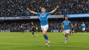 SSC Napoli player Scott McTominay celebrates his goal during the Serie A match between SSC Napoli and Como FC at Diego Armando Maradona Stadium. Photo: SSC Napoli/Getty Images