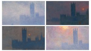 Claude Monet’s paintings of the Houses of Parliament from 1900 to 1904, capturing the effects of the fog that was common in London at the time. Images: The Courtauld