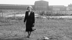 Then prime minister Margaret Thatcher at the remains of the Head Wrightson engineering works in Thornaby-on-Tees, North Yorkshire, September 1987. Photo: Peter Reimann/Mirrorpix/Getty