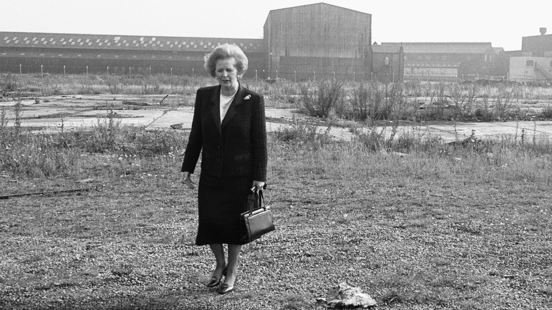 Then prime minister Margaret Thatcher at the remains of the Head Wrightson engineering works in Thornaby-on-Tees, North Yorkshire, September 1987. Photo: Peter Reimann/Mirrorpix/Getty