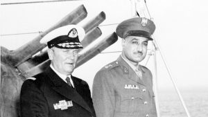 Marshal Josip Broz Tito (left) with Egyptian president Gamal Abdel Nasser on their return from India in 1955, aboard the Yugoslav training ship Galeb. Photo: AFP/STR/Getty