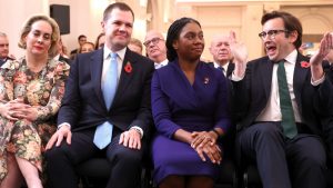 Kemi Badenoch is congratulated by her husband, Hamish, after beating Robert Jenrick, second left, to become Tory Party leader. Photo: Dan Kitwood/Getty