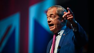 Nigel Farage, gives his speech at Exeter's Westpoint Arena during Reform's South West conference (Photo by Finnbarr Webster/Getty Images)