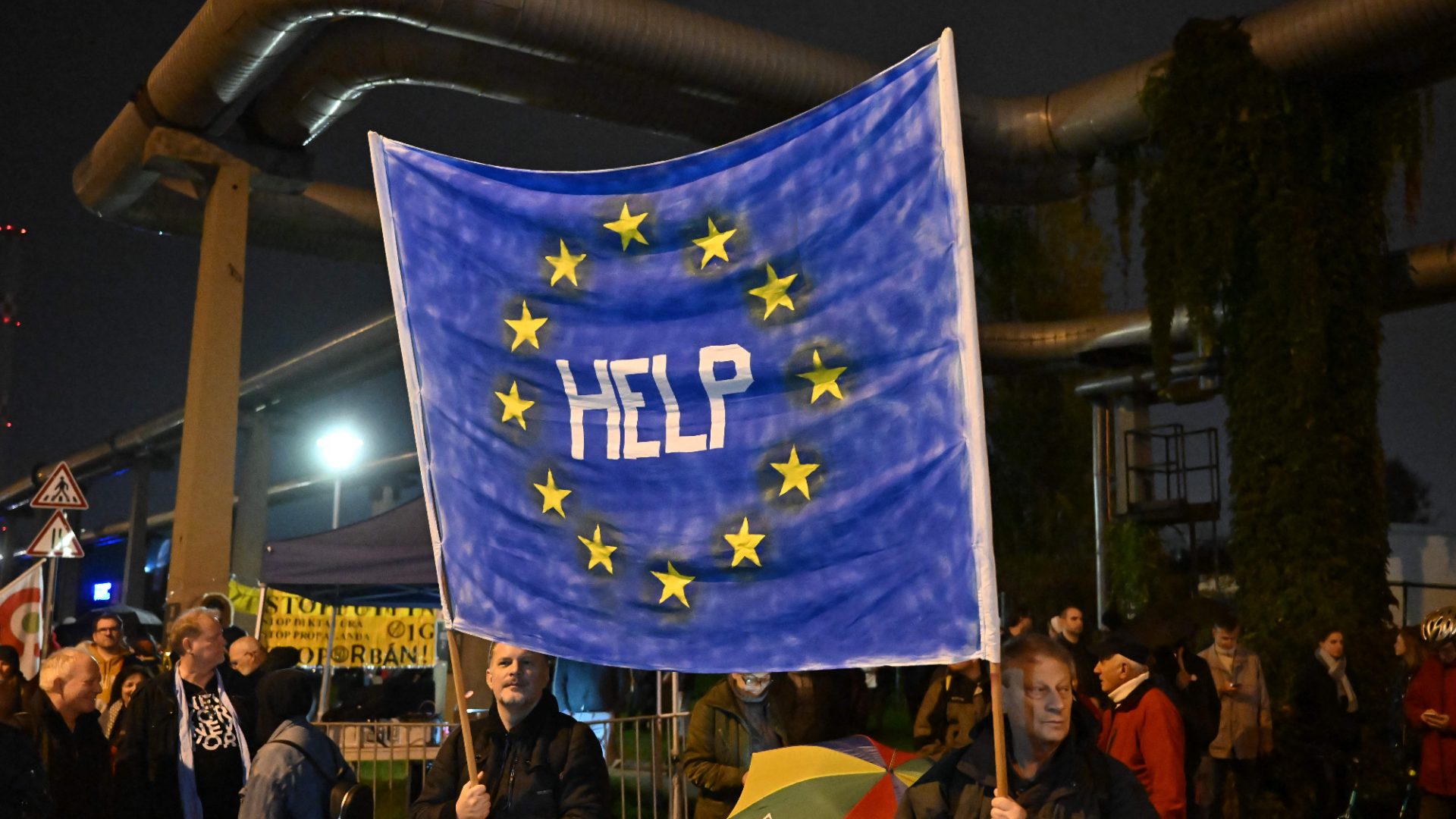 A banner that says it all for the EU. Photo: Attila Kisbenedek/AFP/Getty