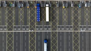 Freight trucks and HGVs parked at the Sevington Inland Border Facility located near the M20 in Kent. The UK delayed full checks on EU imports again this year, putting them off until 2025. Photo: Ben Stansall/AFP/Getty