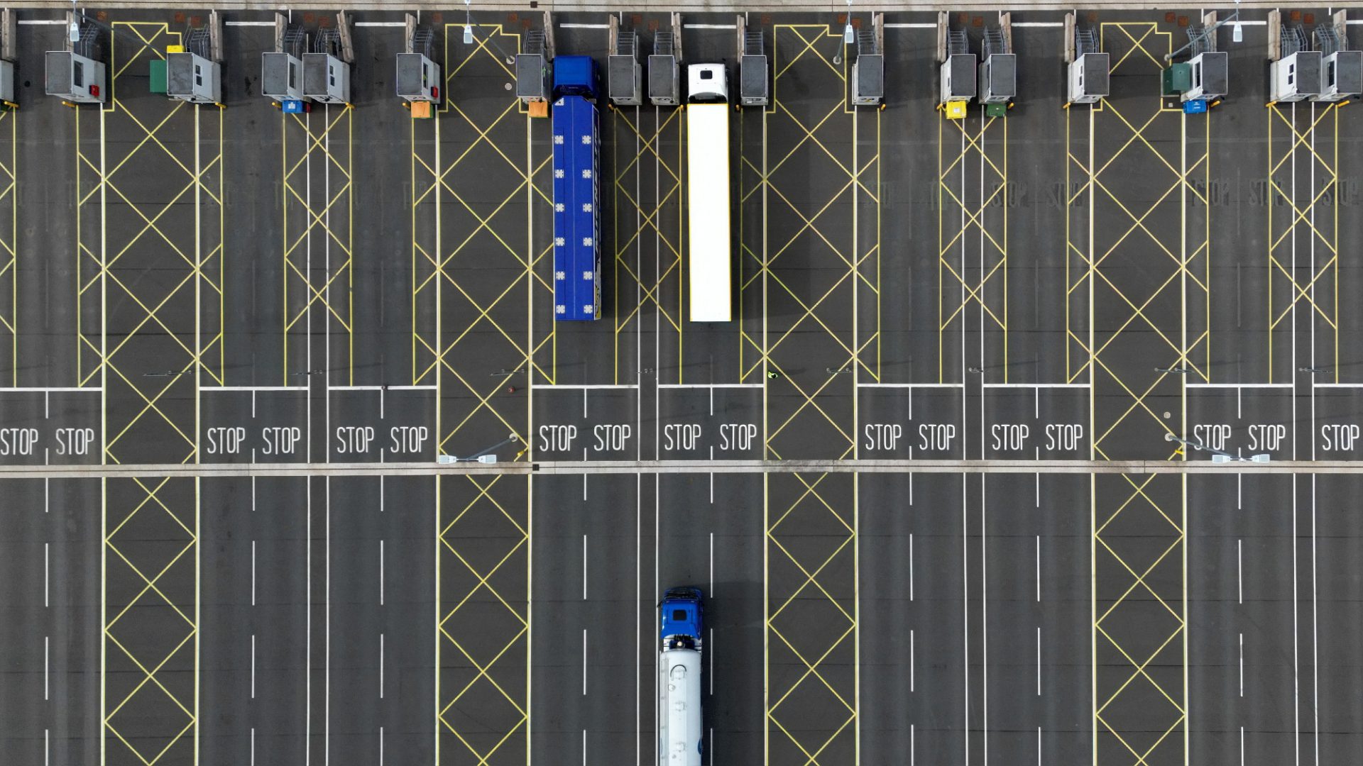 Freight trucks and HGVs parked at the Sevington Inland Border Facility located near the M20 in Kent. The UK delayed full checks on EU imports again this year, putting them off until 2025. Photo: Ben Stansall/AFP/Getty