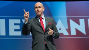 Daniel Hannan addresses the delegates on the first day of this year's Conservative conference (Photo by David Tramontan/SOPA Images/LightRocket via Getty Images)