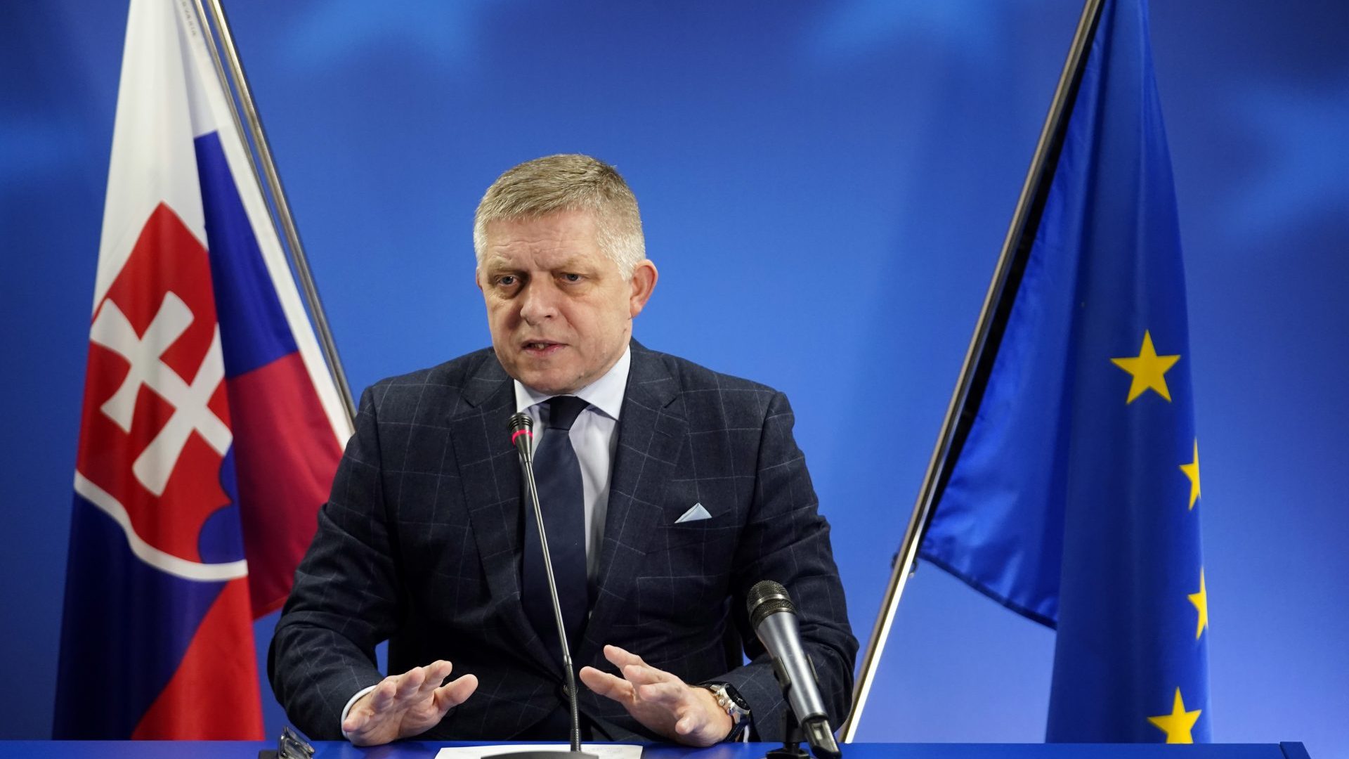 Robert Fico Prime Minister of Slovakia speaks during a press conference at the end of the European Council Meeting. Photo: Pier Marco Tacca/Getty Images