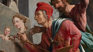 Part of the work
St Luke Painting the Madonna, 1532, a highlight of the exhibition, in which Heemskerck guides St Luke’s brush