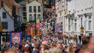 People line the streets of Durham city centre for the annual Miners’ Gala – a celebration of socialism first held in 1871. But are people in this area of the North East beginning to feel ignored by the political elites in London? Photo: Ian Forsyth/Getty