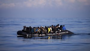 An inflatable dinghy carrying 65 people heads to the UK across the Channel on March 6, 2024. Photo: Dan Kitwood/Getty