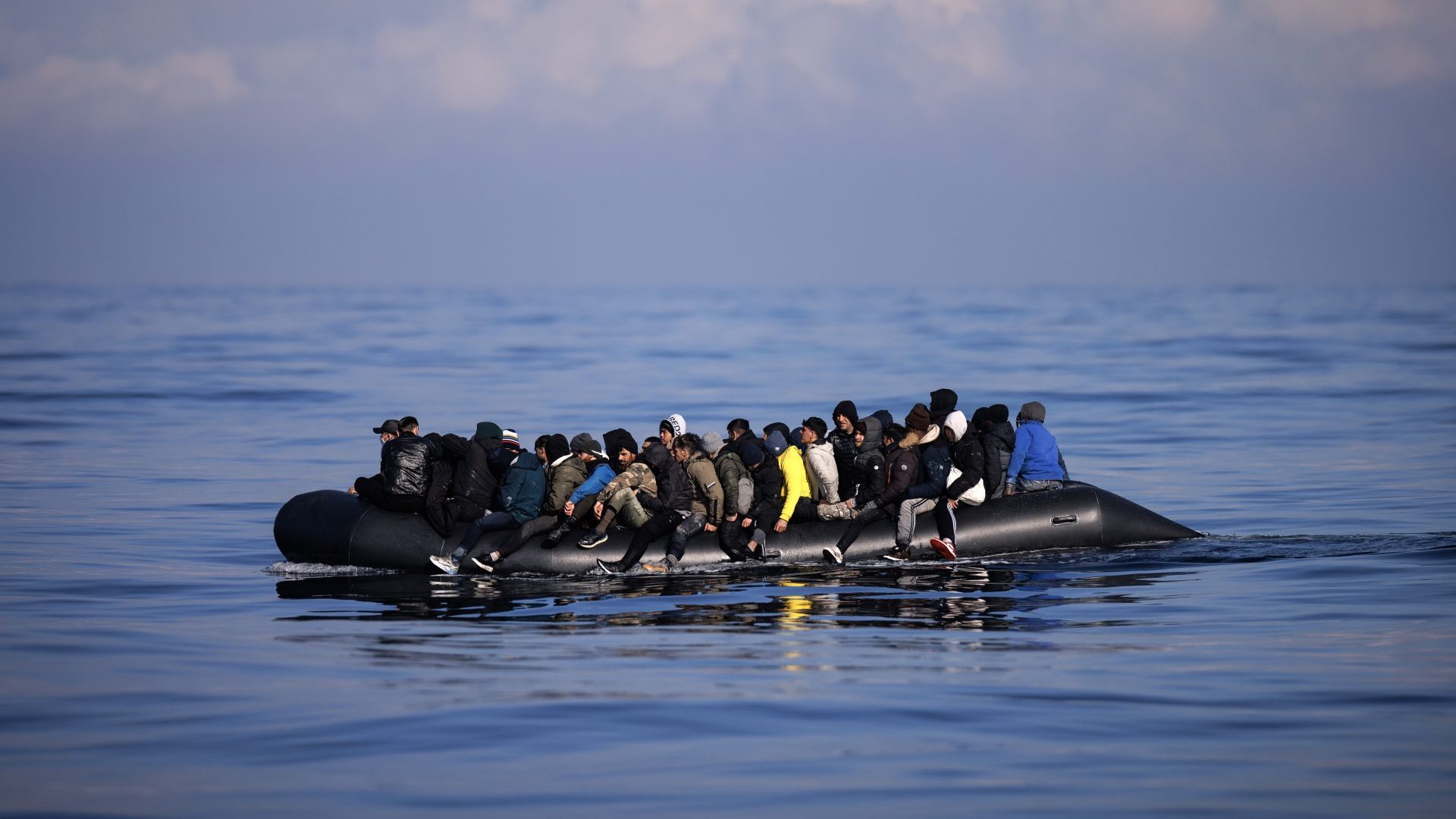 An inflatable dinghy carrying 65 people heads to the UK across the Channel on March 6, 2024. Photo: Dan Kitwood/Getty