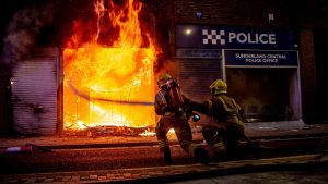 Far right activists riot in Sunderland after the murders of three girls in Southport. Photo: Simone J Rudolphi/Drik/Getty Images