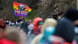 The AfD’s national conference in Riesa drew around 15,000 anti-fascist protesters. The flag reads ‘Not up for Nazis’. Photo: Jens Schlueter/AFP/Getty