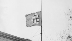 The Nazi flag at half mast over the German embassy in Carlton House Terrace, London, after the death of King George V, January 21, 1936. Photo: George W Hales/Fox/Hulton Archive/Getty