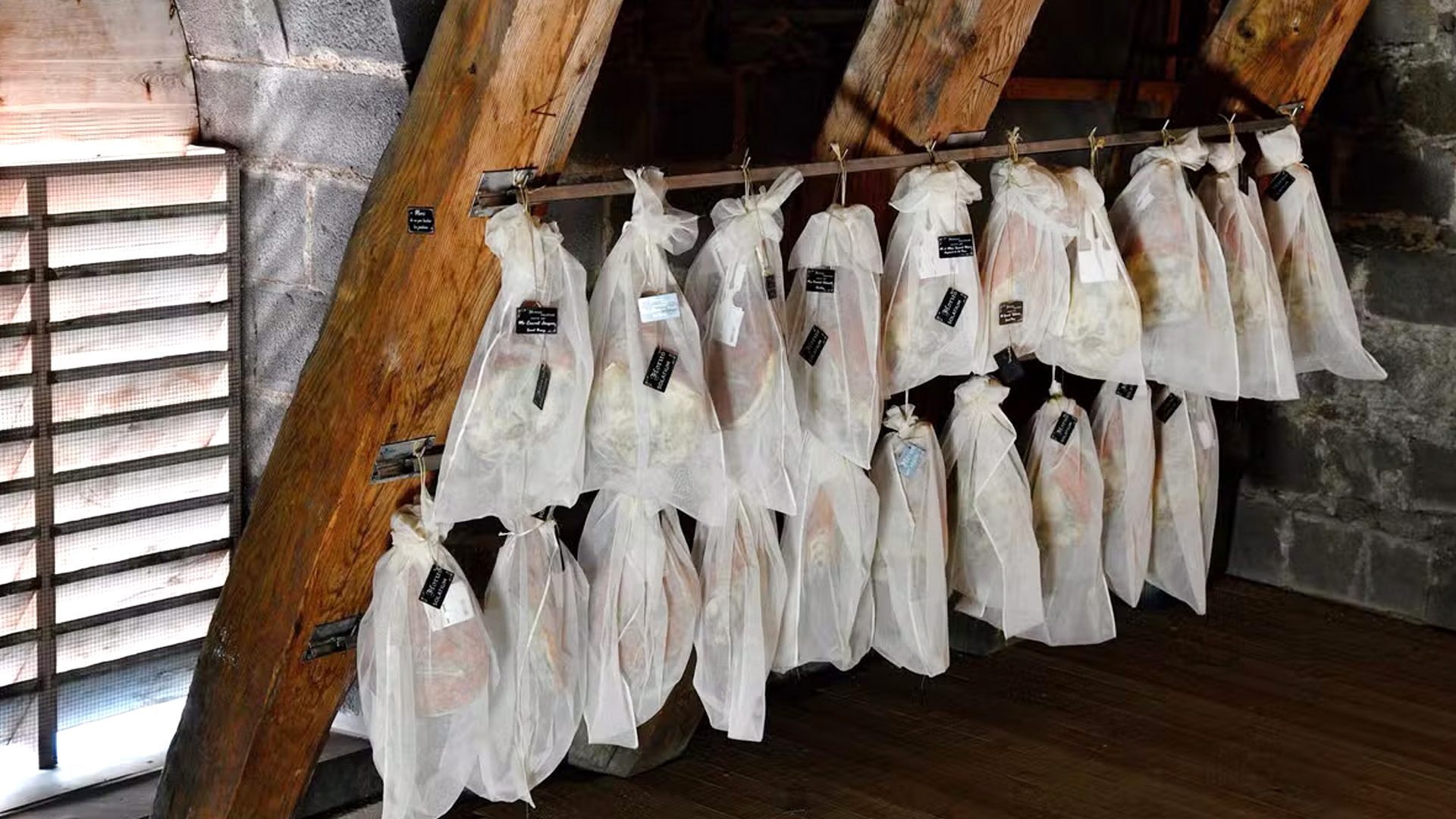 The hams hanging in Saint-Flour’s Cathédrale Saint-Pierre