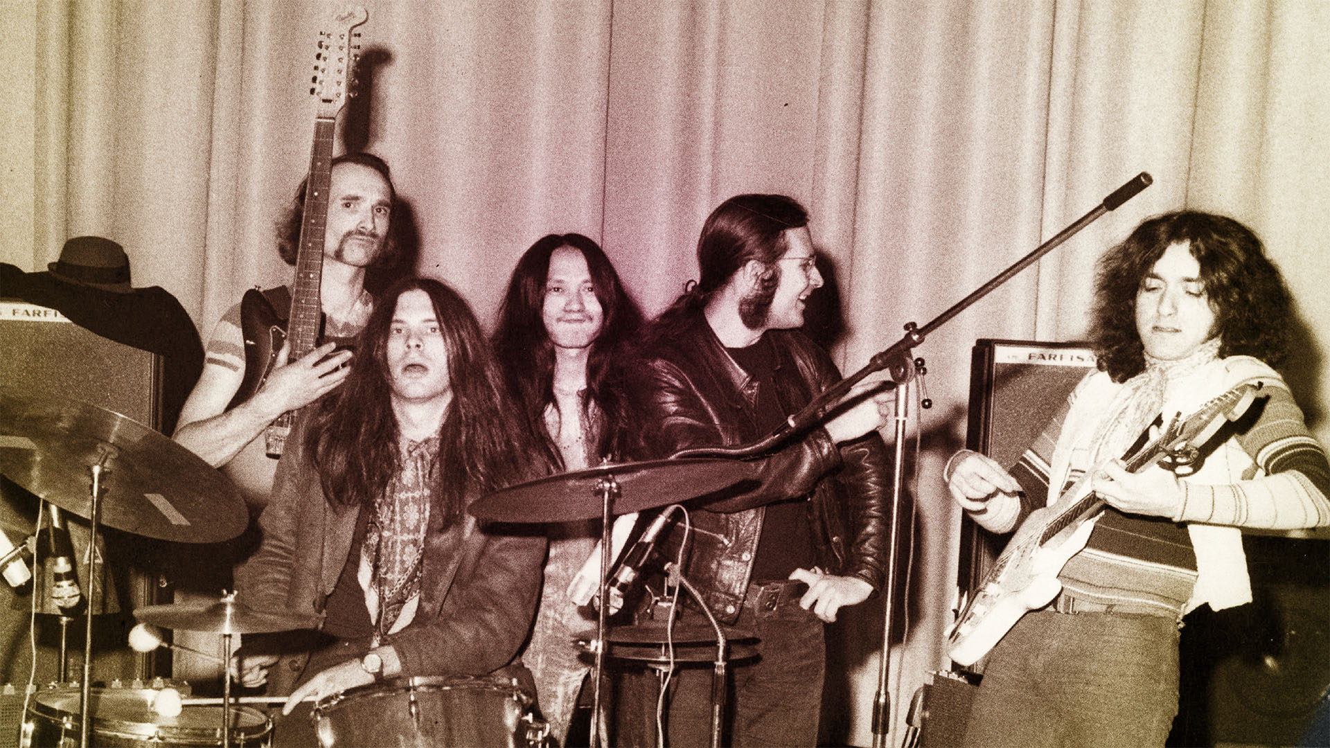 Can: Holger Czukay, Michael Karoli, Damo Suzuki, Irmidt Schmidt and Jaki Leibzeit, during the 'Tago Mago' period. Photo: Keystone/Getty Images