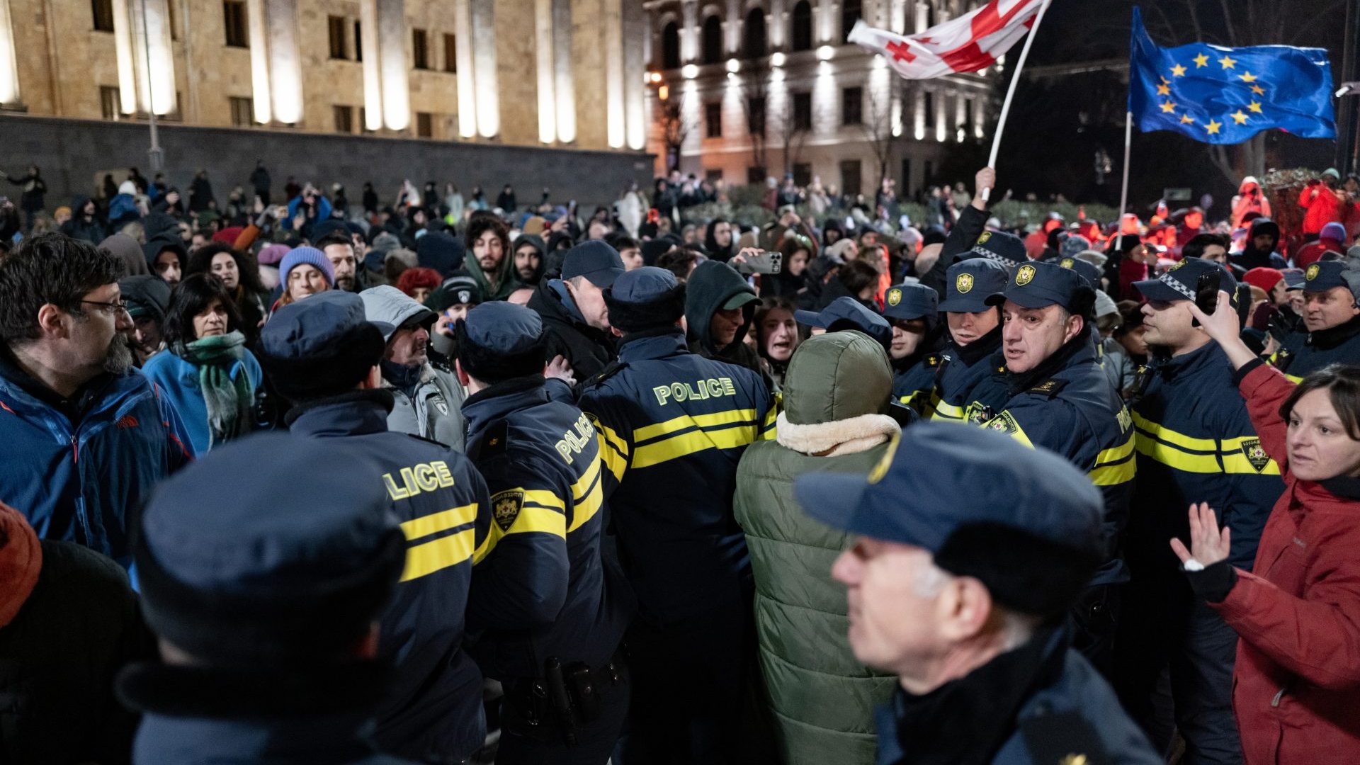 For the 75th consecutive day, demonstrators gather in front of Georgia's parliament on February 10. Photo: Jerome Gilles/NurPhoto via Getty Images