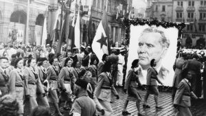 A Sokol girls group marches past a huge portrait of Marshal Tito in Prague in 1948. Photo: Bettmann/Getty
